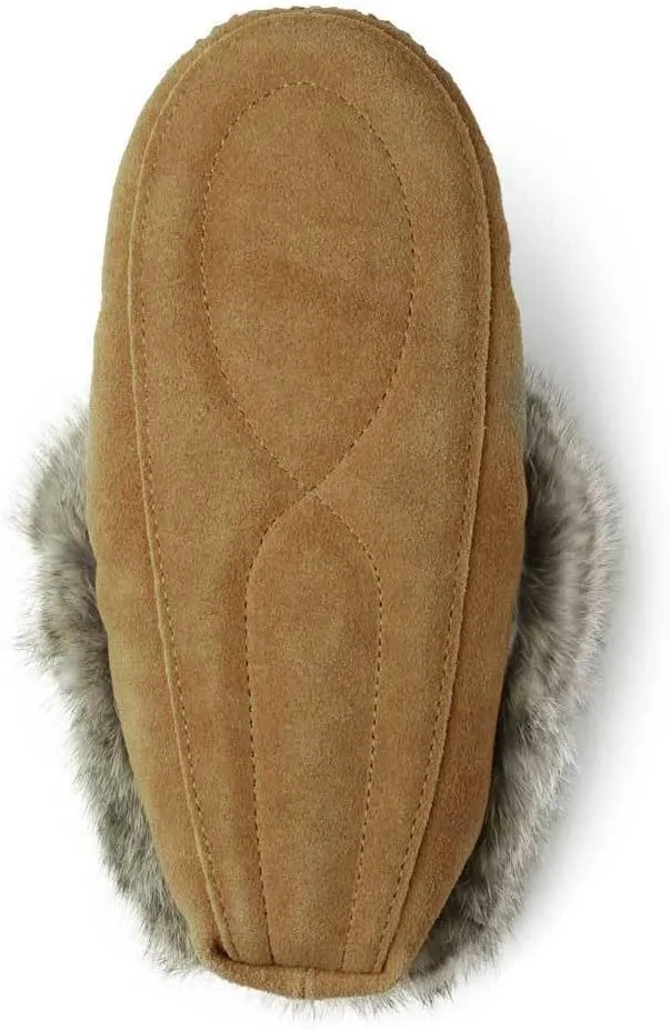 Manitobah Tipi Moccasin - Womens Indoor Slipper, Fleece-Lined, Suede Leather, Rabbit Fur Trim