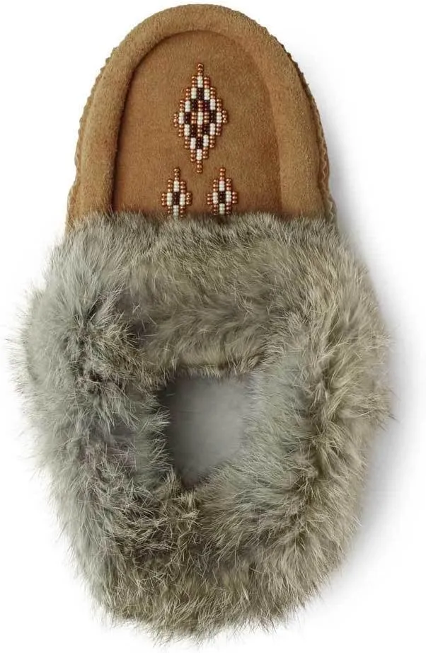 Manitobah Tipi Moccasin - Womens Indoor Slipper, Fleece-Lined, Suede Leather, Rabbit Fur Trim