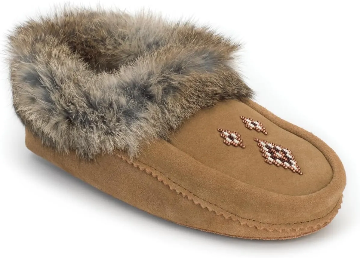 Manitobah Tipi Moccasin - Womens Indoor Slipper, Fleece-Lined, Suede Leather, Rabbit Fur Trim