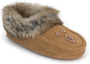 Manitobah Tipi Moccasin - Womens Indoor Slipper, Fleece-Lined, Suede Leather, Rabbit Fur Trim