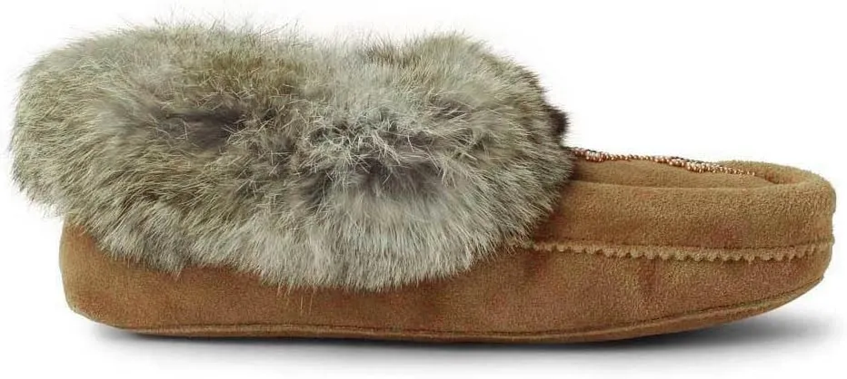Manitobah Tipi Moccasin - Womens Indoor Slipper, Fleece-Lined, Suede Leather, Rabbit Fur Trim