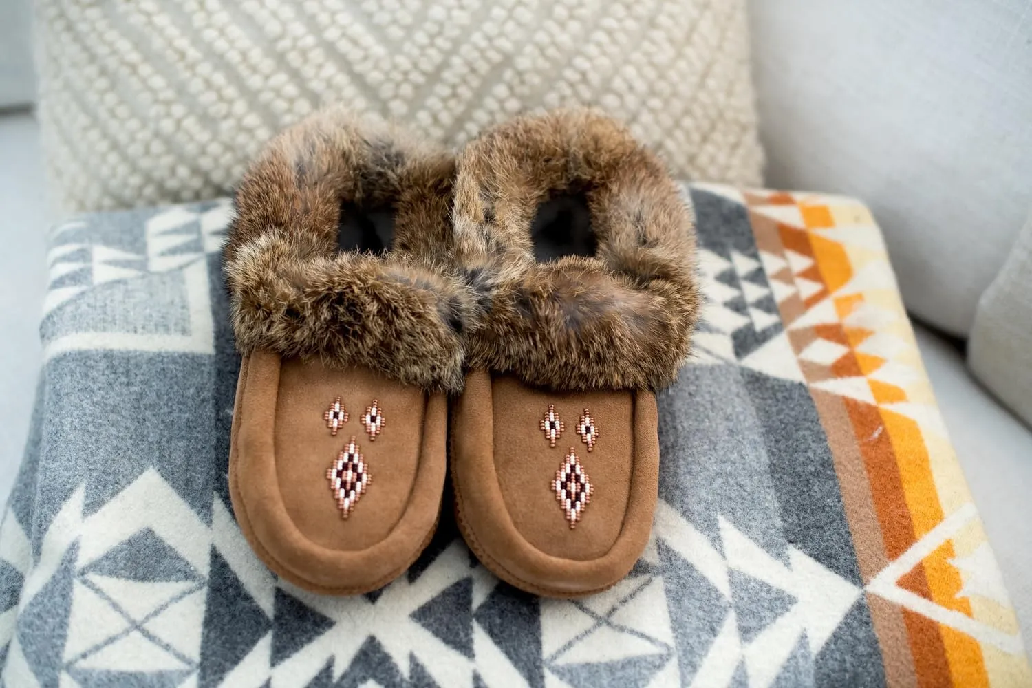 Manitobah Tipi Moccasin - Womens Indoor Slipper, Fleece-Lined, Suede Leather, Rabbit Fur Trim