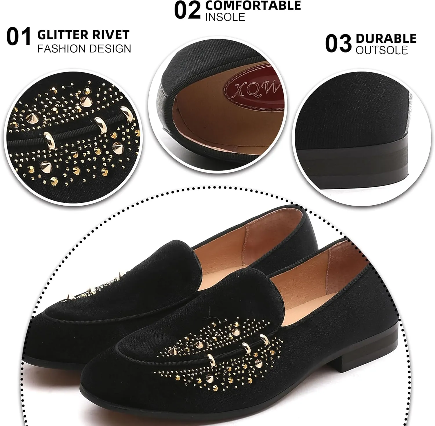 Men's Luxury Velvet Penny Loafers with Fashion Spiked, Casual Penny Loafers for Men, Noble Slip-on Dress Loafers Glitter Suede Smoking Slippers (Black)