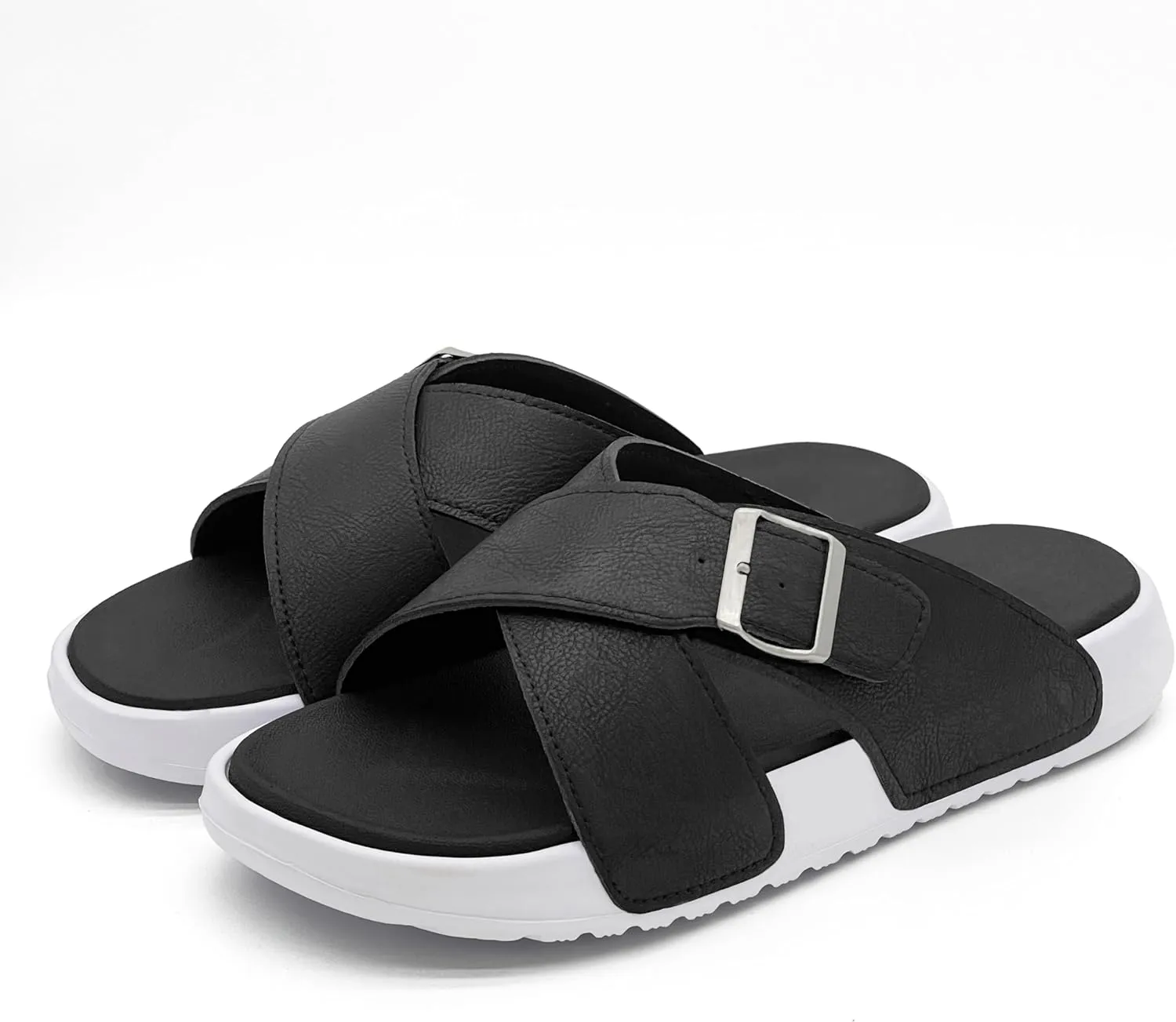 Men's Sandal Casual Crossband Slide Thick Sole Open Toe Slides EVA Indoor & Outdoor Beach Sandals with Adjustable Buckle Straps