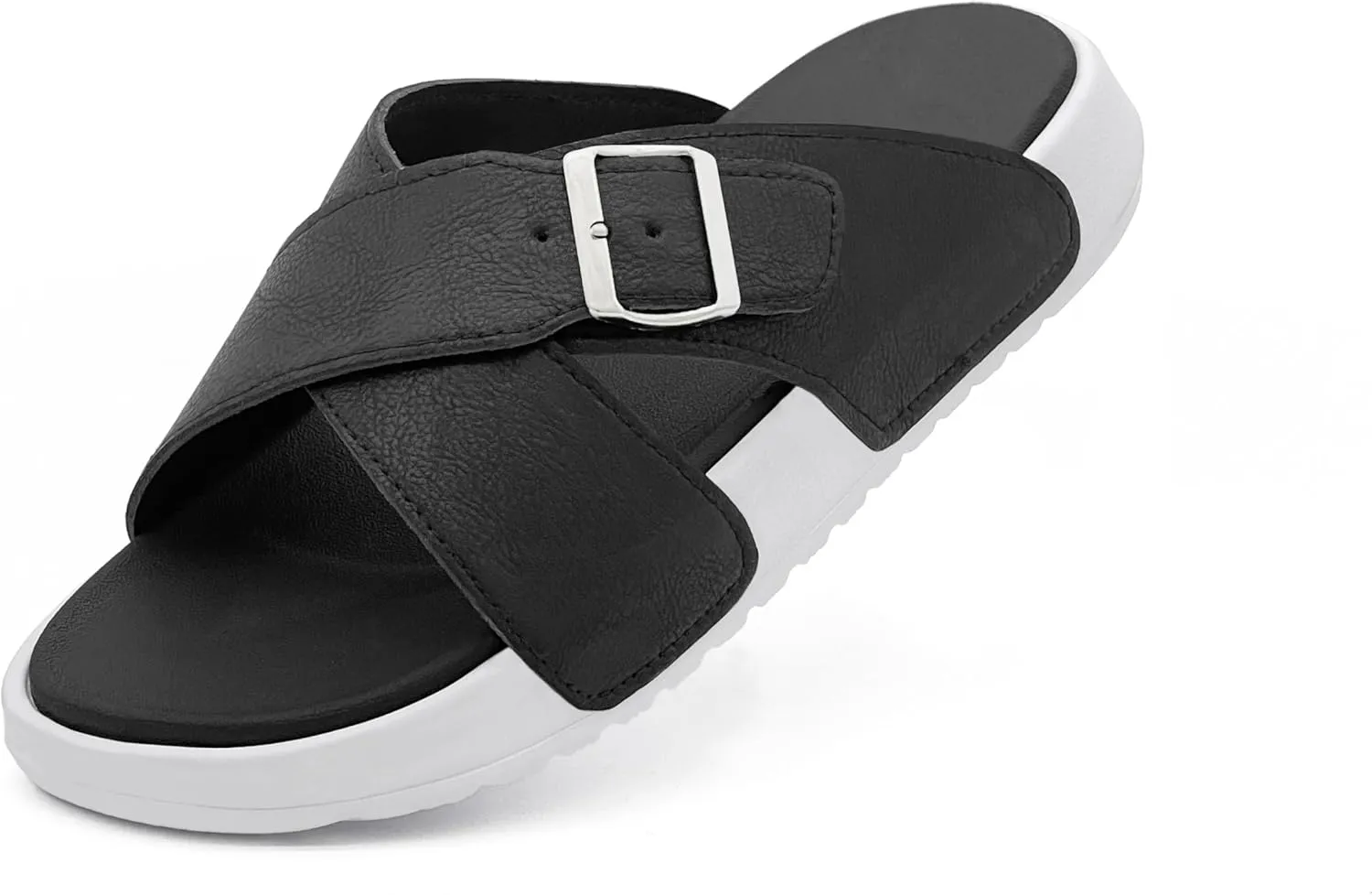 Men's Sandal Casual Crossband Slide Thick Sole Open Toe Slides EVA Indoor & Outdoor Beach Sandals with Adjustable Buckle Straps