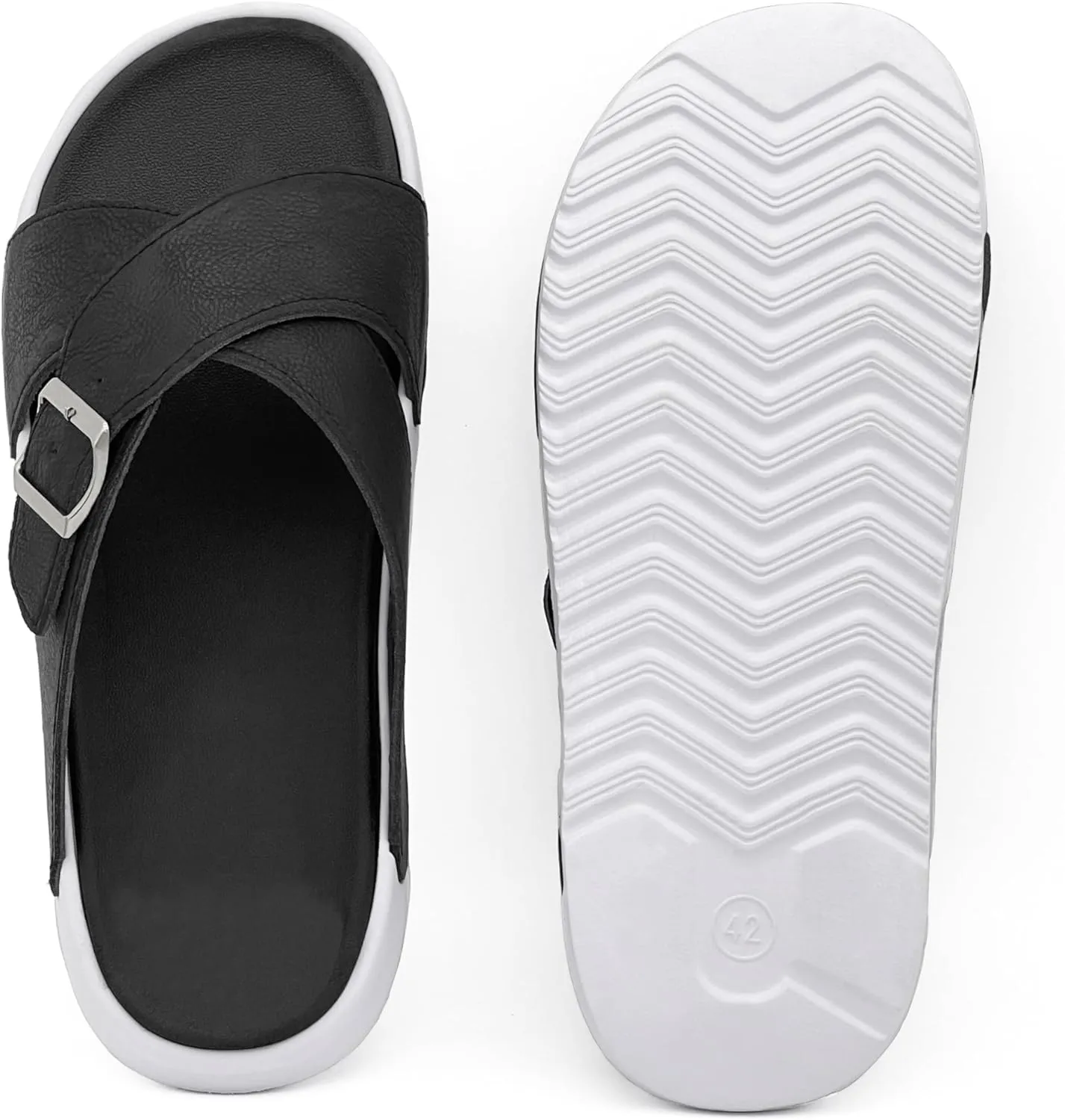 Men's Sandal Casual Crossband Slide Thick Sole Open Toe Slides EVA Indoor & Outdoor Beach Sandals with Adjustable Buckle Straps