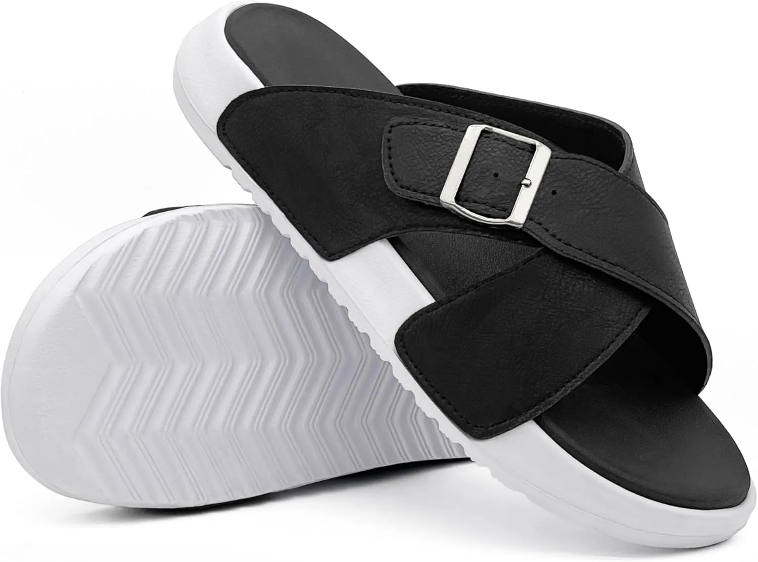 Men's Sandal Casual Crossband Slide Thick Sole Open Toe Slides EVA Indoor & Outdoor Beach Sandals with Adjustable Buckle Straps