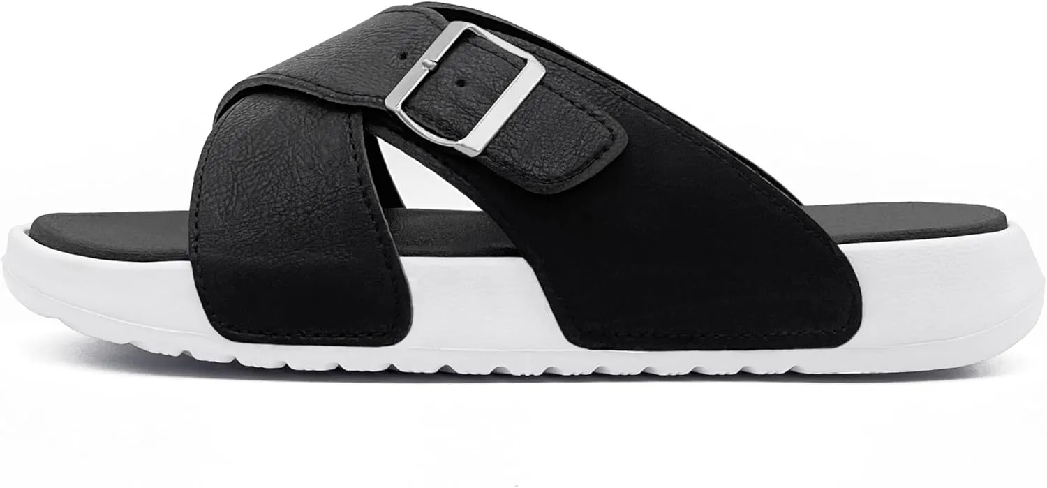 Men's Sandal Casual Crossband Slide Thick Sole Open Toe Slides EVA Indoor & Outdoor Beach Sandals with Adjustable Buckle Straps