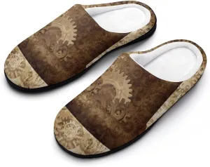 Metal Copper Gears Cogs Pattern Fashion Mens Slippers Slip On Fuzzy House Shoes for Indoor Outdoor