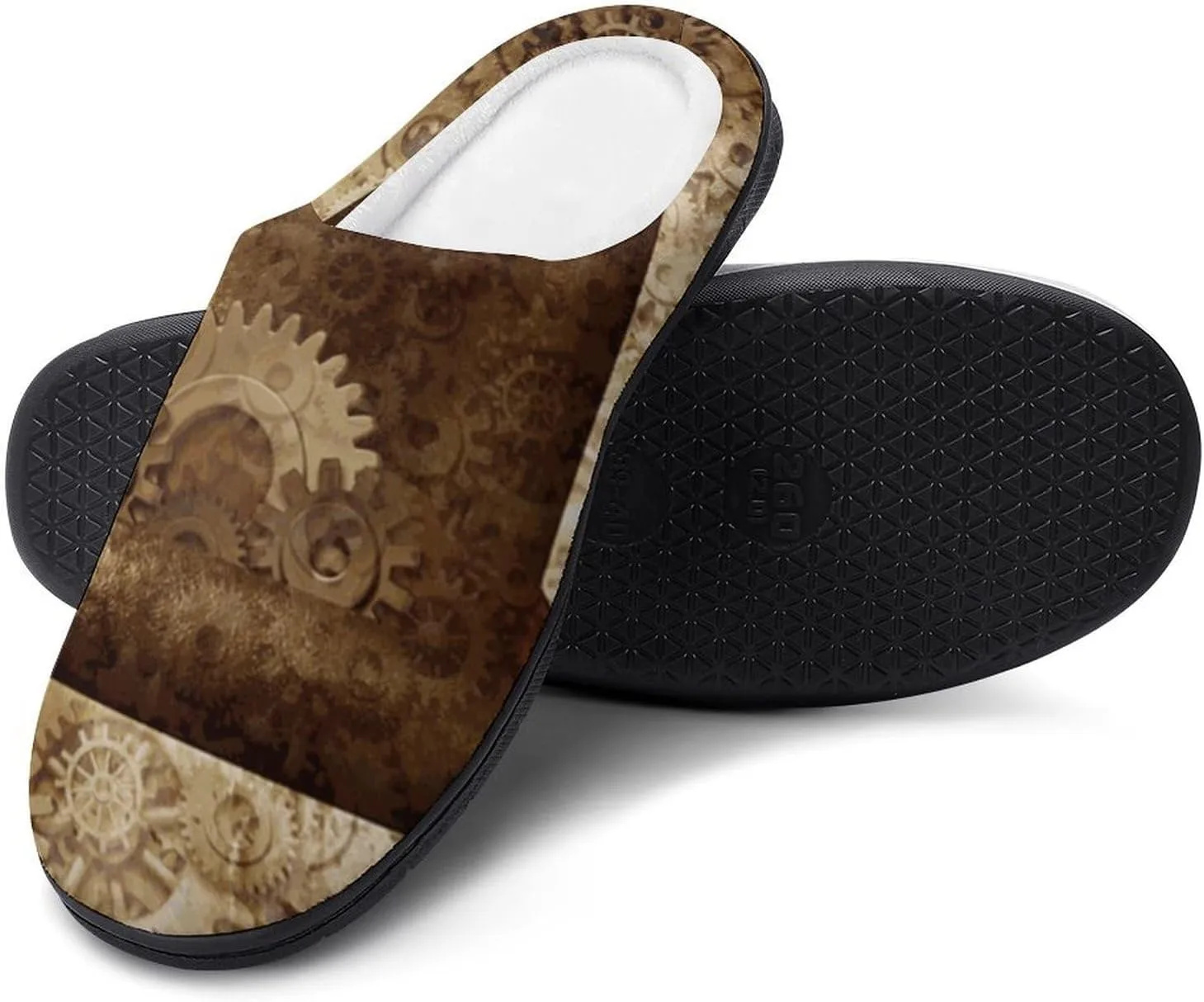 Metal Copper Gears Cogs Pattern Fashion Mens Slippers Slip On Fuzzy House Shoes for Indoor Outdoor