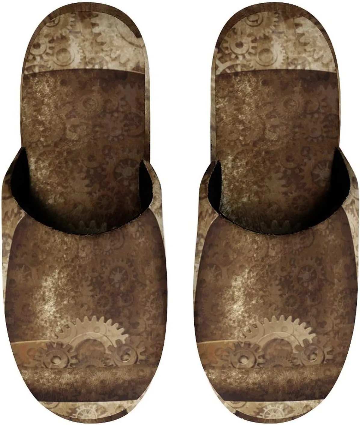Metal Copper Gears Cogs Pattern Soft Warm Mens Slippers Anti-Skid Fuzzy House Shoes Bedroom Home