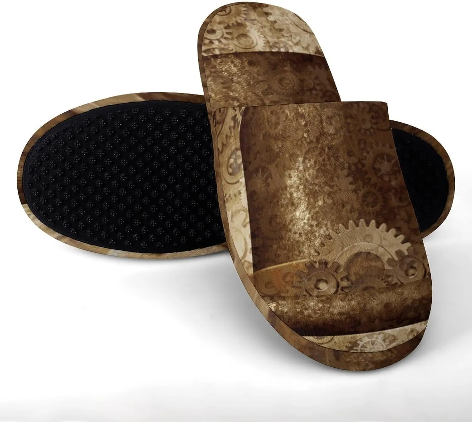 Metal Copper Gears Cogs Pattern Soft Warm Mens Slippers Anti-Skid Fuzzy House Shoes Bedroom Home