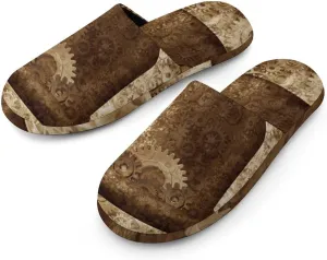 Metal Copper Gears Cogs Pattern Soft Warm Mens Slippers Anti-Skid Fuzzy House Shoes Bedroom Home