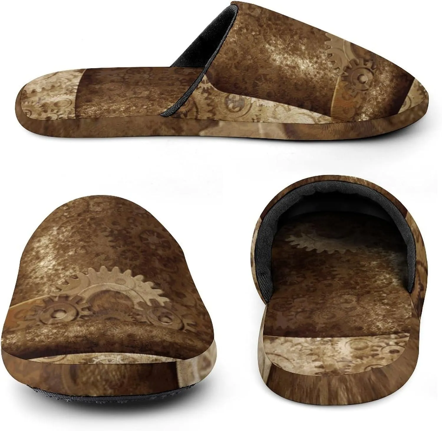 Metal Copper Gears Cogs Pattern Soft Warm Mens Slippers Anti-Skid Fuzzy House Shoes Bedroom Home