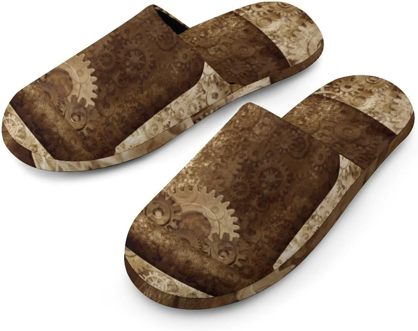 Metal Copper Gears Cogs Pattern Soft Warm Mens Slippers Anti-Skid Fuzzy House Shoes Bedroom Home
