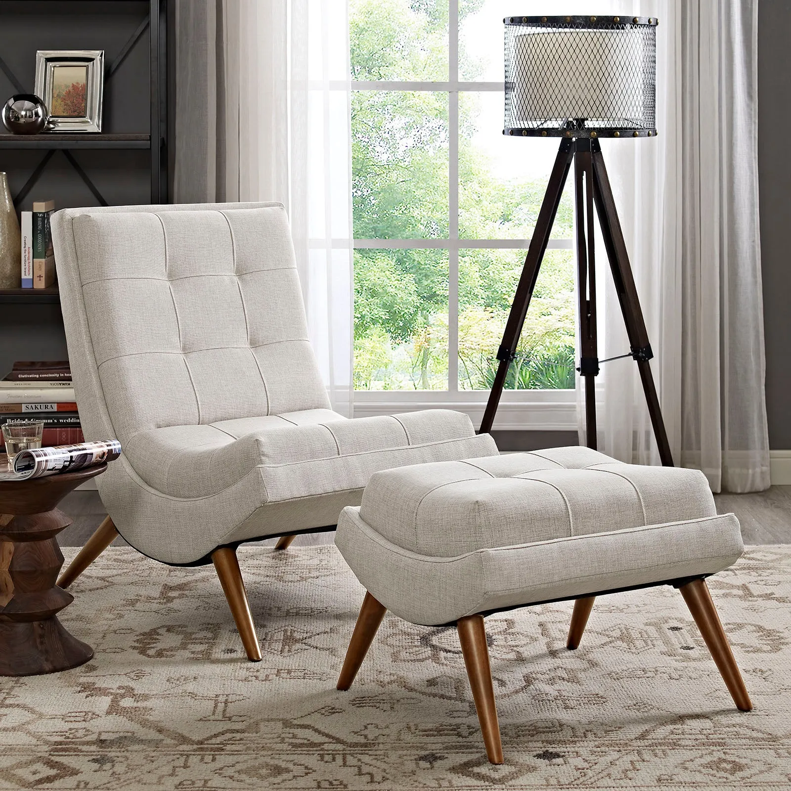 Modern Upholstered Ramp Fabric Lounge Chair Set - Chaise Lounge Chair