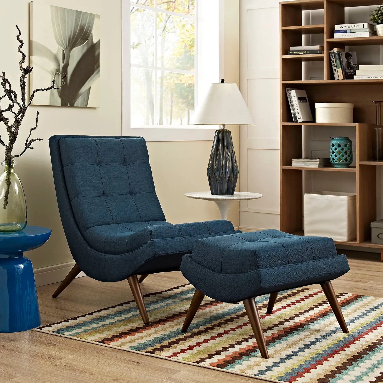 Modern Upholstered Ramp Fabric Lounge Chair Set - Chaise Lounge Chair