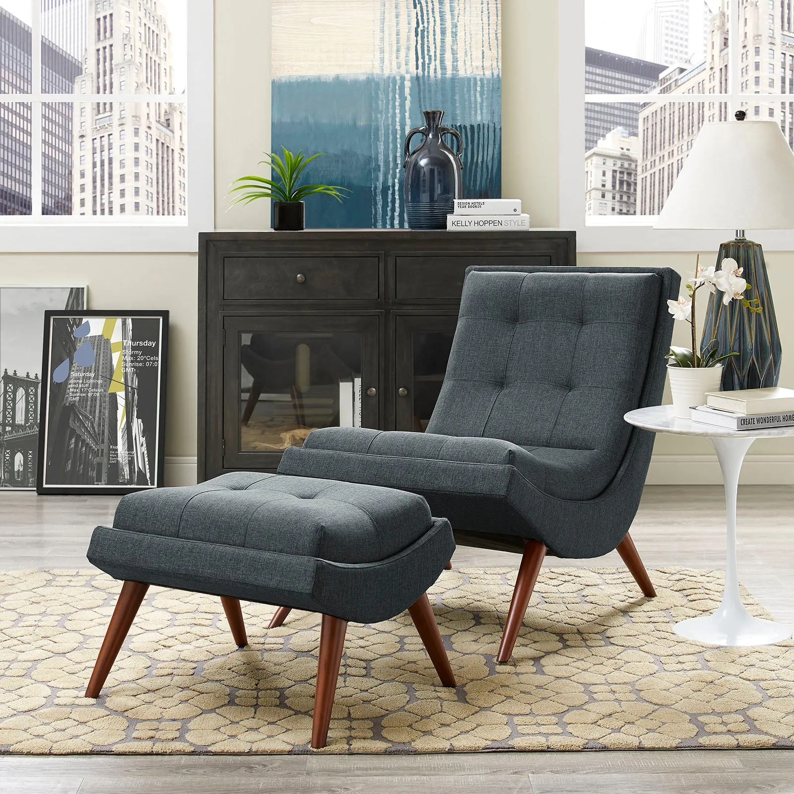 Modern Upholstered Ramp Fabric Lounge Chair Set - Chaise Lounge Chair