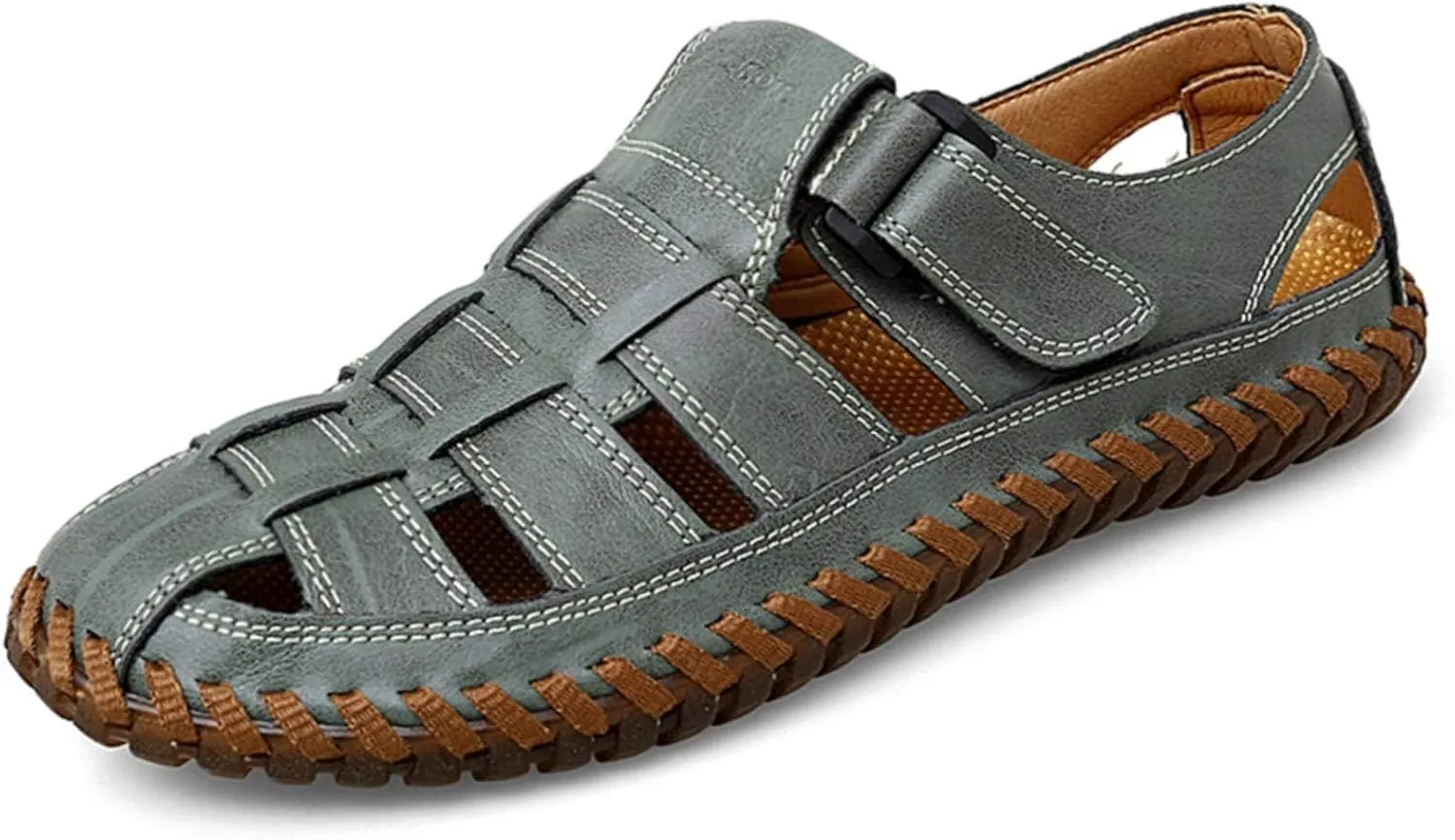Moodeng Mens Sport Sandals Closed Toe Outdoor Fisherman Shoes Leather Summer Beach Loafters Breathable Anti-Slip