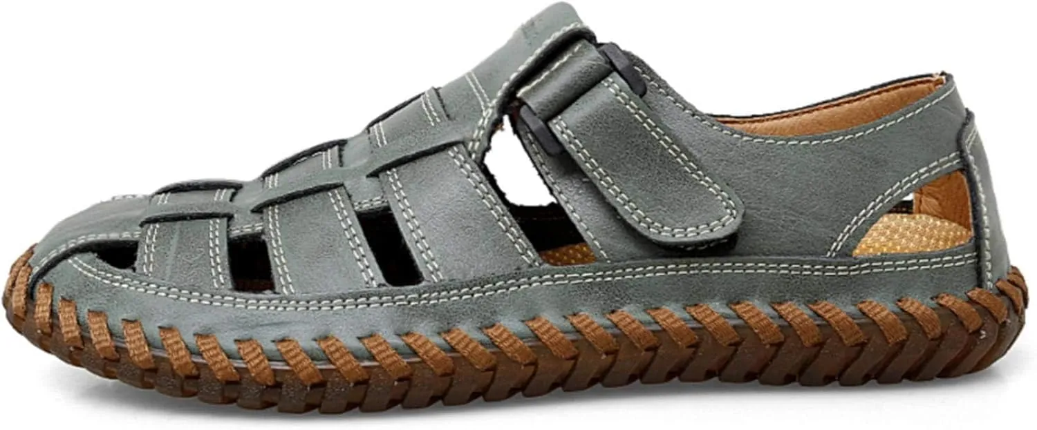 Moodeng Mens Sport Sandals Closed Toe Outdoor Fisherman Shoes Leather Summer Beach Loafters Breathable Anti-Slip