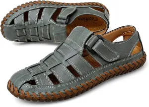 Moodeng Mens Sport Sandals Closed Toe Outdoor Fisherman Shoes Leather Summer Beach Loafters Breathable Anti-Slip