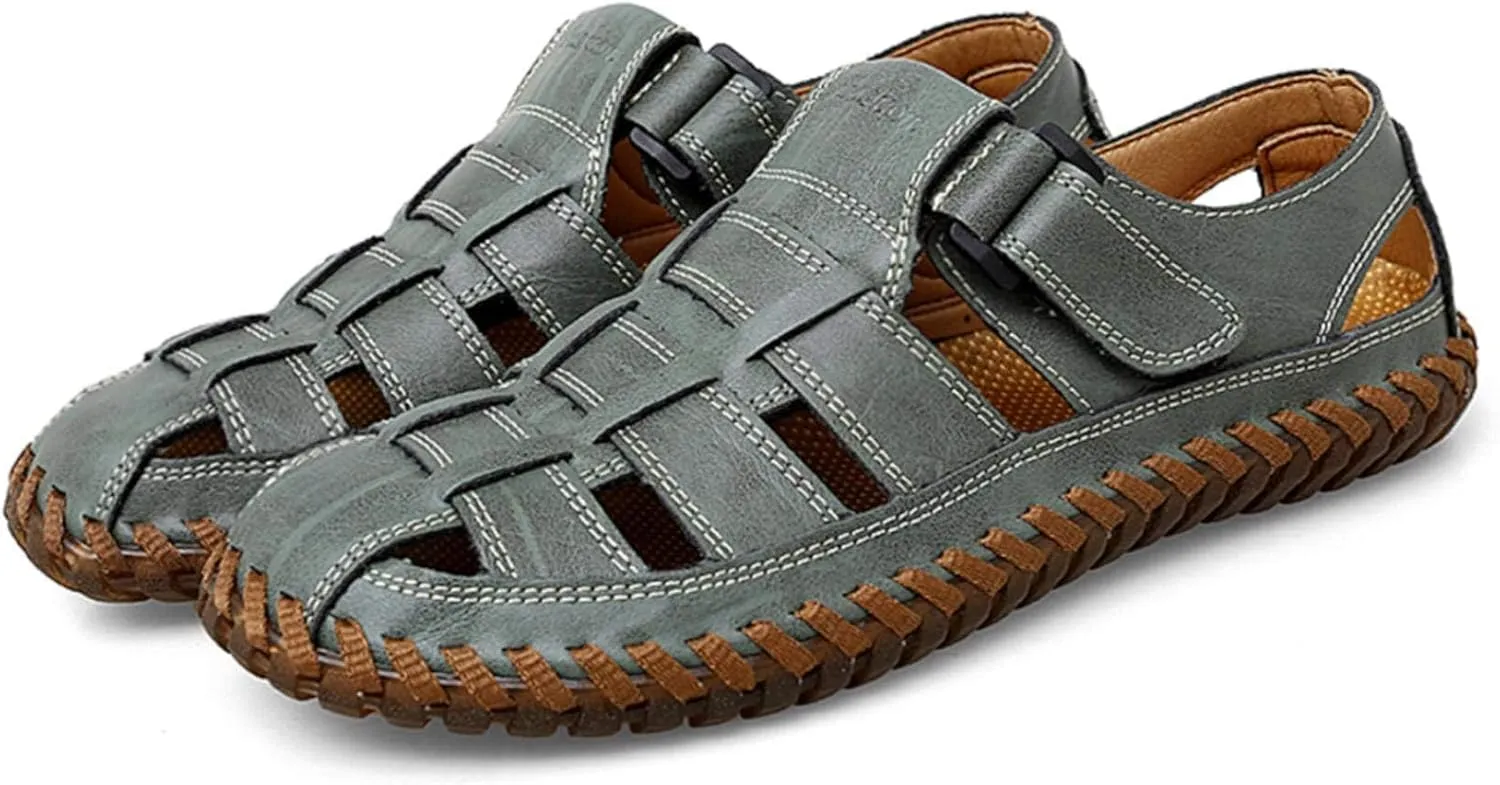 Moodeng Mens Sport Sandals Closed Toe Outdoor Fisherman Shoes Leather Summer Beach Loafters Breathable Anti-Slip
