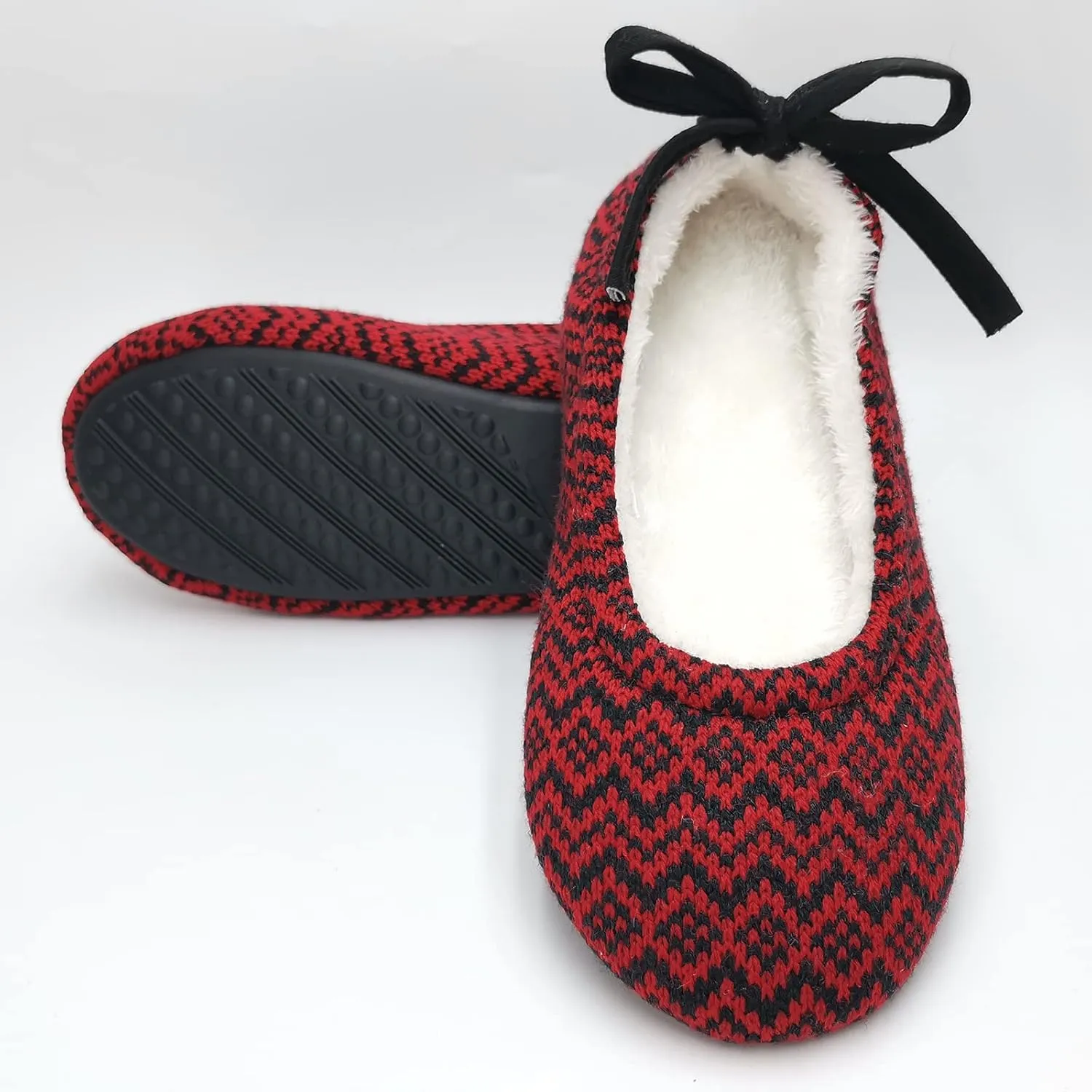 ofoot Womens Indoor Warm Knit House Shoes,Ballerina Slipper Socks,Washable Ballet Style Flats,Soft Soled Non Slip Rubber Bottom with Grips