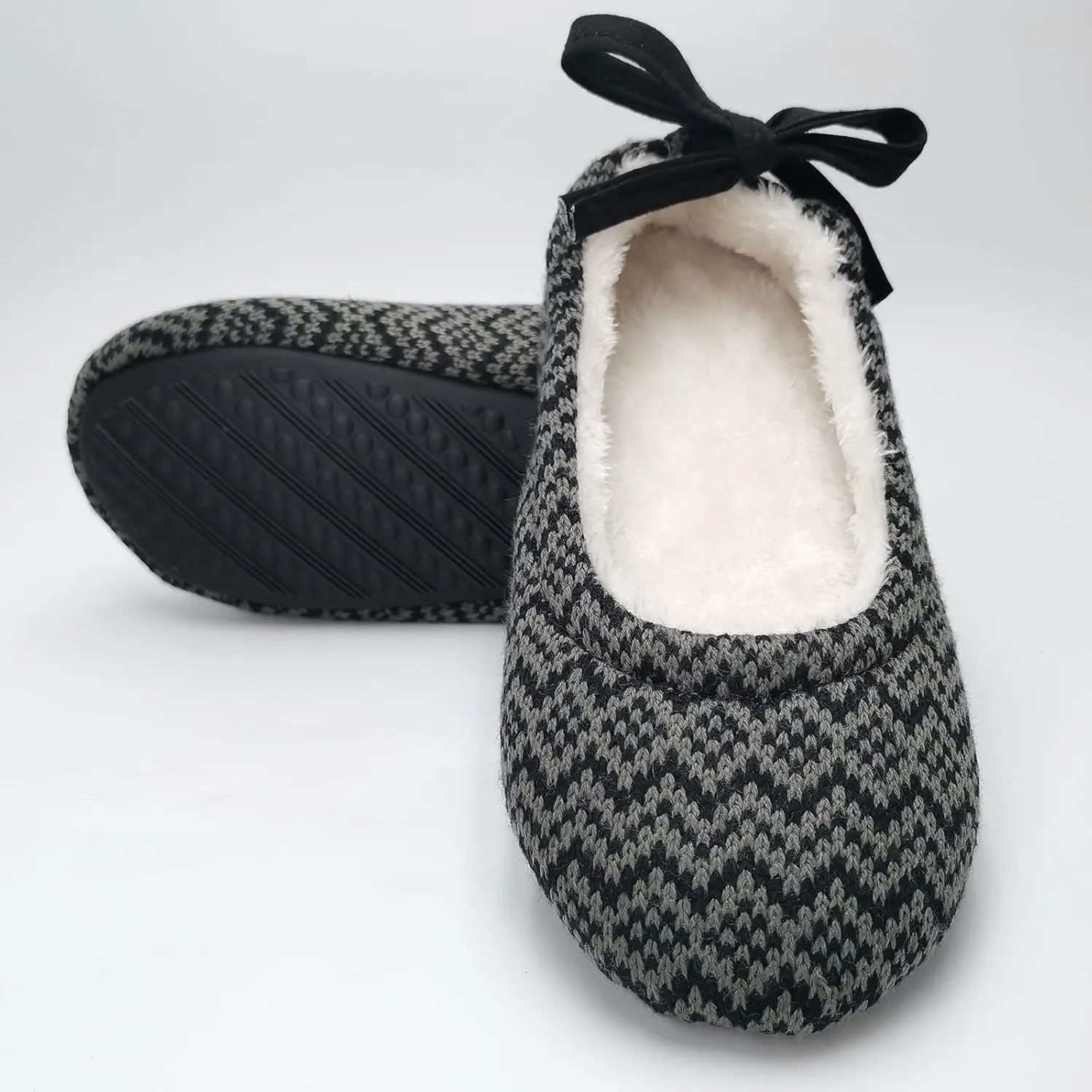 ofoot Womens Indoor Warm Knit House Shoes,Ballerina Slipper Socks,Washable Ballet Style Flats,Soft Soled Non Slip Rubber Bottom with Grips