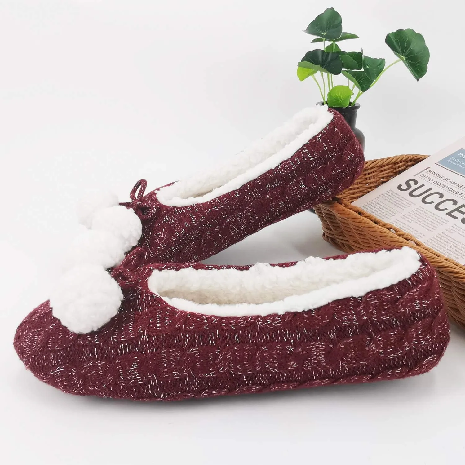 ofoot Womens Indoor Warm Knit House Shoes,Ballerina Slipper Socks,Washable Ballet Style Flats,Soft Soled Non Slip Rubber Bottom with Grips