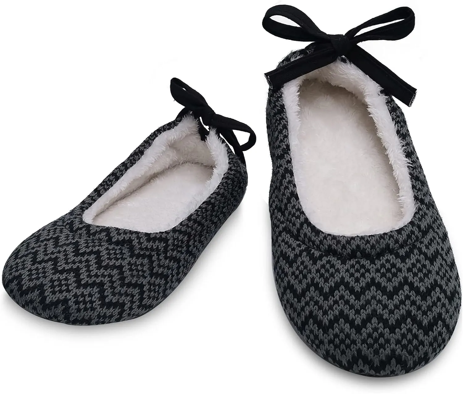 ofoot Womens Indoor Warm Knit House Shoes,Ballerina Slipper Socks,Washable Ballet Style Flats,Soft Soled Non Slip Rubber Bottom with Grips
