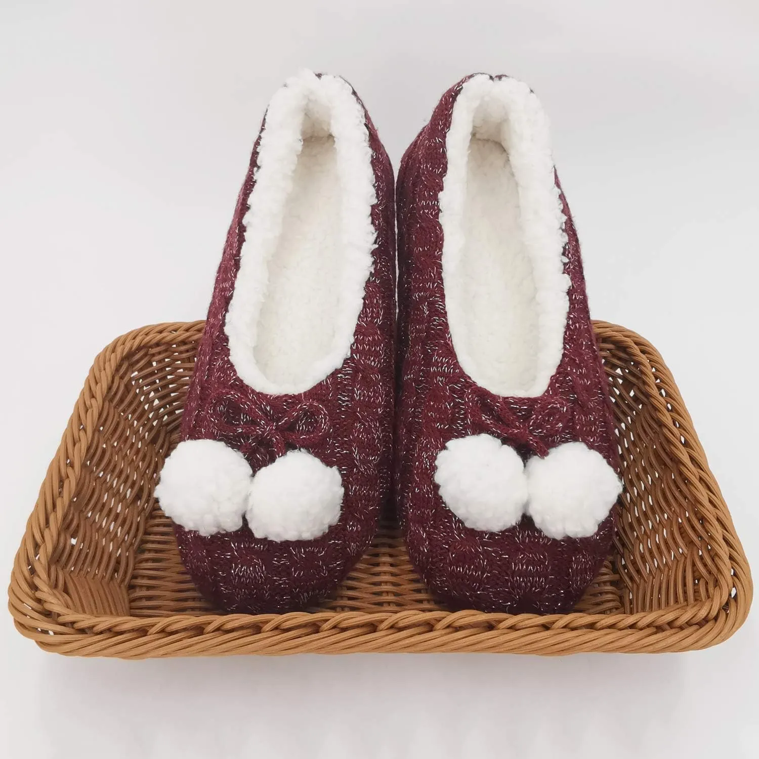 ofoot Womens Indoor Warm Knit House Shoes,Ballerina Slipper Socks,Washable Ballet Style Flats,Soft Soled Non Slip Rubber Bottom with Grips