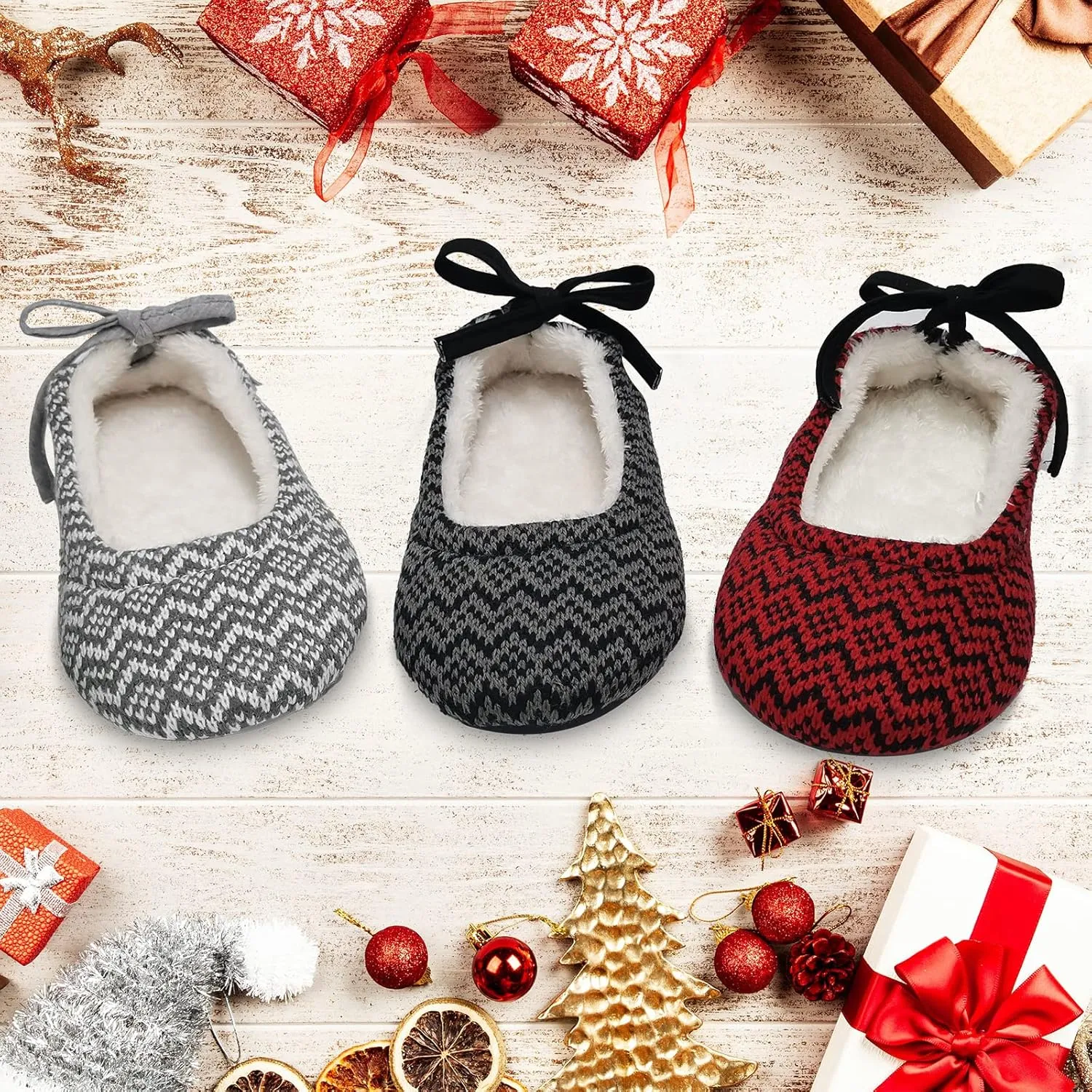 ofoot Womens Indoor Warm Knit House Shoes,Ballerina Slipper Socks,Washable Ballet Style Flats,Soft Soled Non Slip Rubber Bottom with Grips
