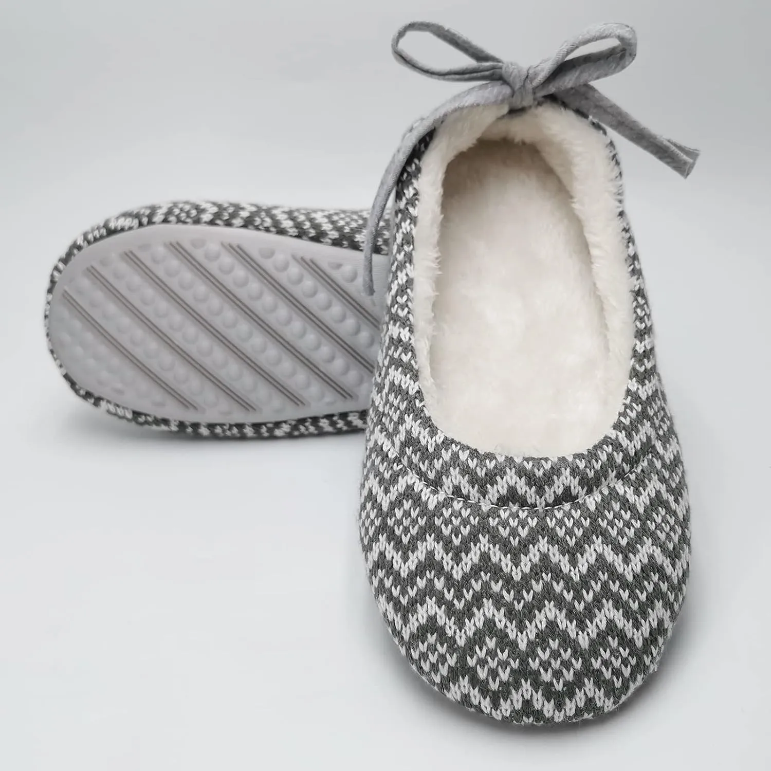 ofoot Womens Indoor Warm Knit House Shoes,Ballerina Slipper Socks,Washable Ballet Style Flats,Soft Soled Non Slip Rubber Bottom with Grips