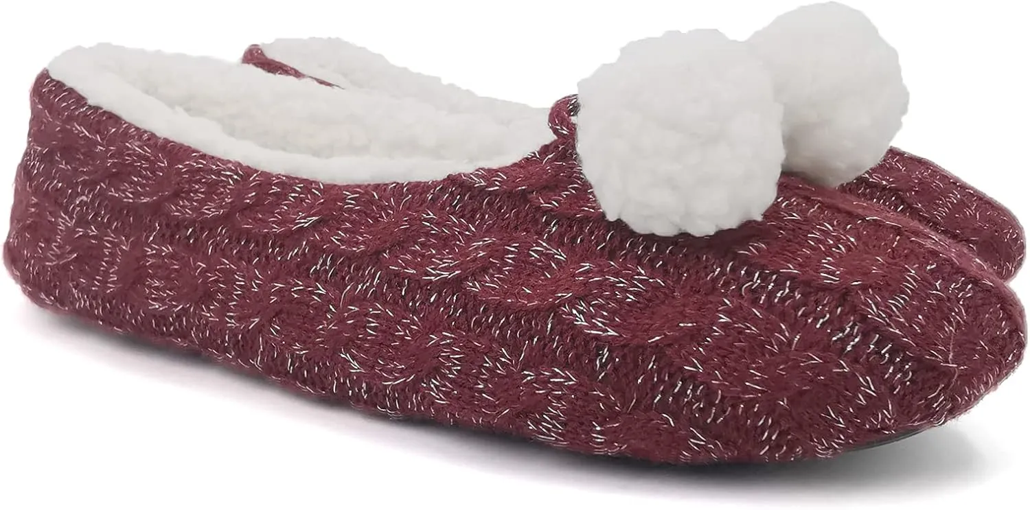 ofoot Womens Indoor Warm Knit House Shoes,Ballerina Slipper Socks,Washable Ballet Style Flats,Soft Soled Non Slip Rubber Bottom with Grips