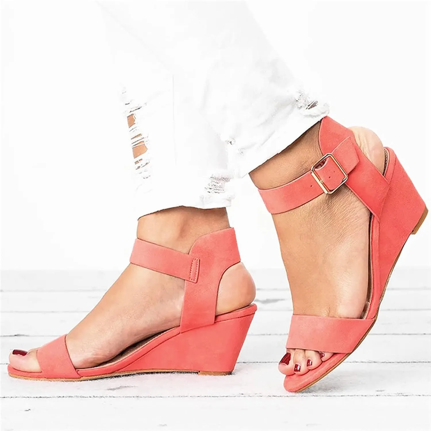 oiangi Suede Wedge Sandals for Women Fashion Solid Ankle Strap Buckle Round Toe Open Toe Low Top Sandalias Summer Comfortable Casual Ladies Shoes