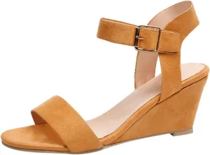 oiangi Suede Wedge Sandals for Women Fashion Solid Ankle Strap Buckle Round Toe Open Toe Low Top Sandalias Summer Comfortable Casual Ladies Shoes