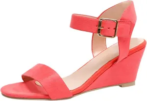 oiangi Suede Wedge Sandals for Women Fashion Solid Ankle Strap Buckle Round Toe Open Toe Low Top Sandalias Summer Comfortable Casual Ladies Shoes