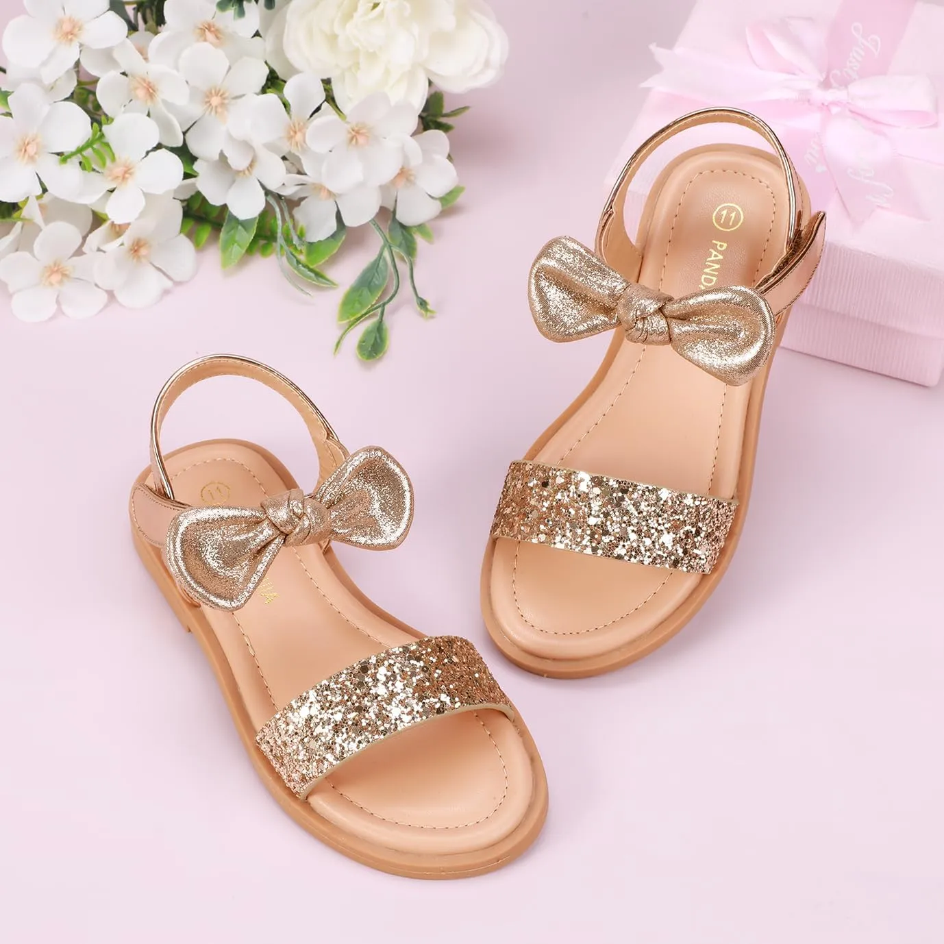 PANDANINJIA Gina Girls Sandals Open Toe Summer Flats Dress Sandals Shoes Toddler/Little Kid/Big Kid