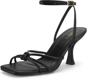 PARTY Women's Square Open Toe Strappy Heeled Sandals 3 inch Stiletto Kitten Heel with Ankle Buckle Strap, Comfortable Slingback Summer Dress Shoes