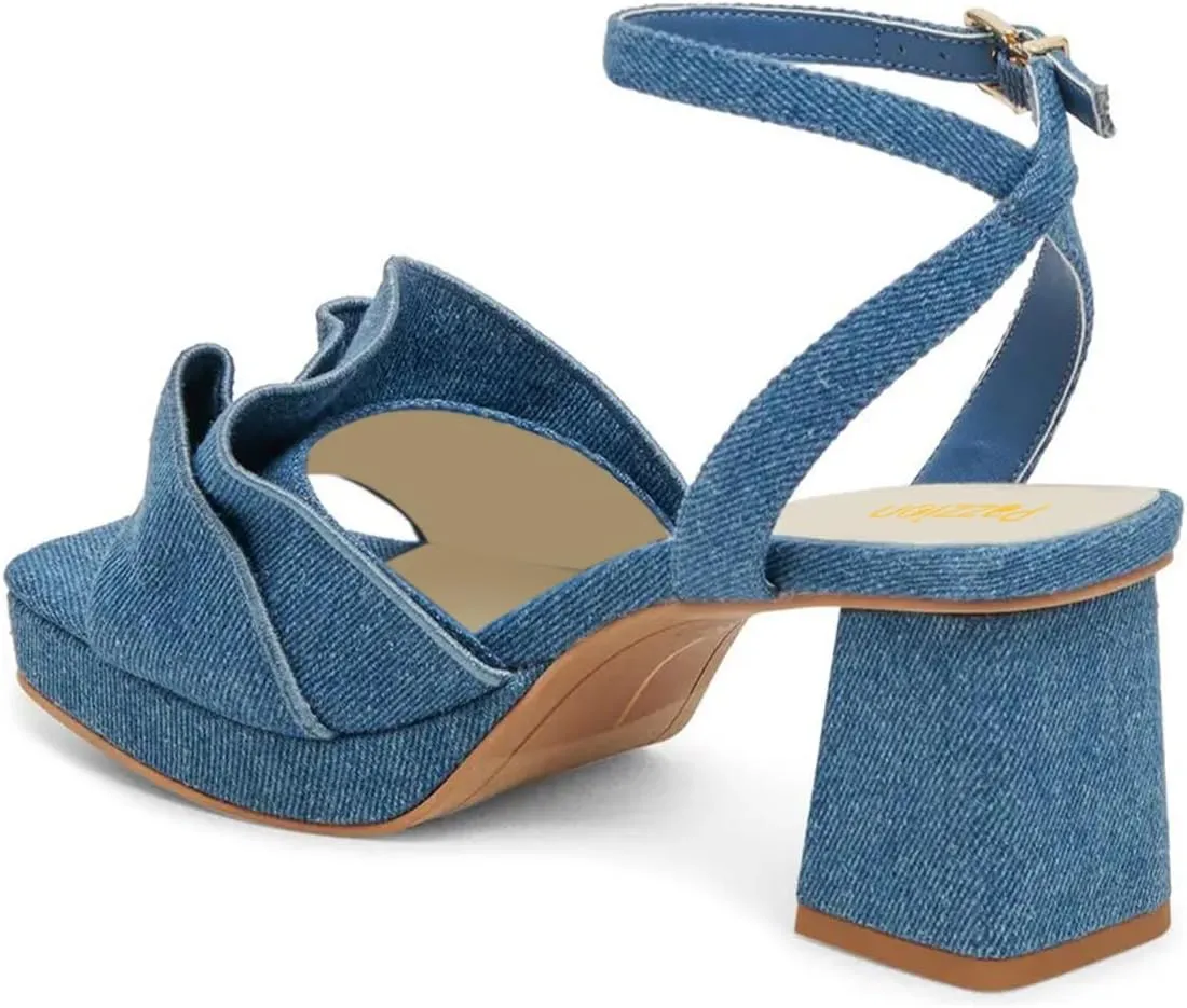 Pazzion Women Platform Square Toe Pleated Ruffle Sandal Block High Heel Strap Buckle Pumps Sexy Club Prom Casual Shoes Size 4-16 US