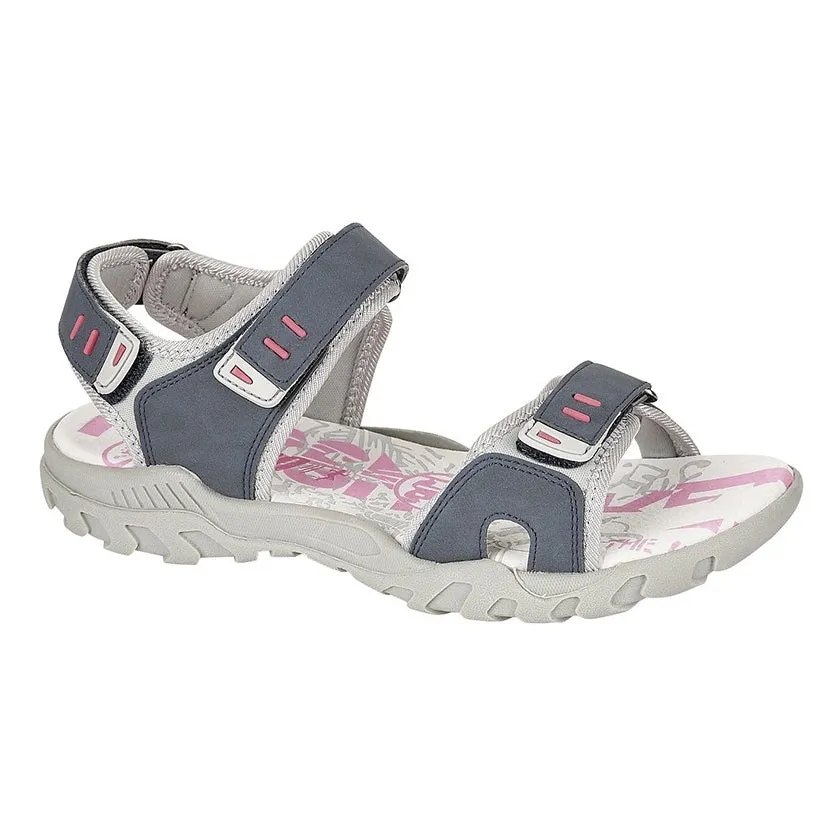 PDQ Ladies 3 Strap Touch Fastening Walking Sandal Navy Grey