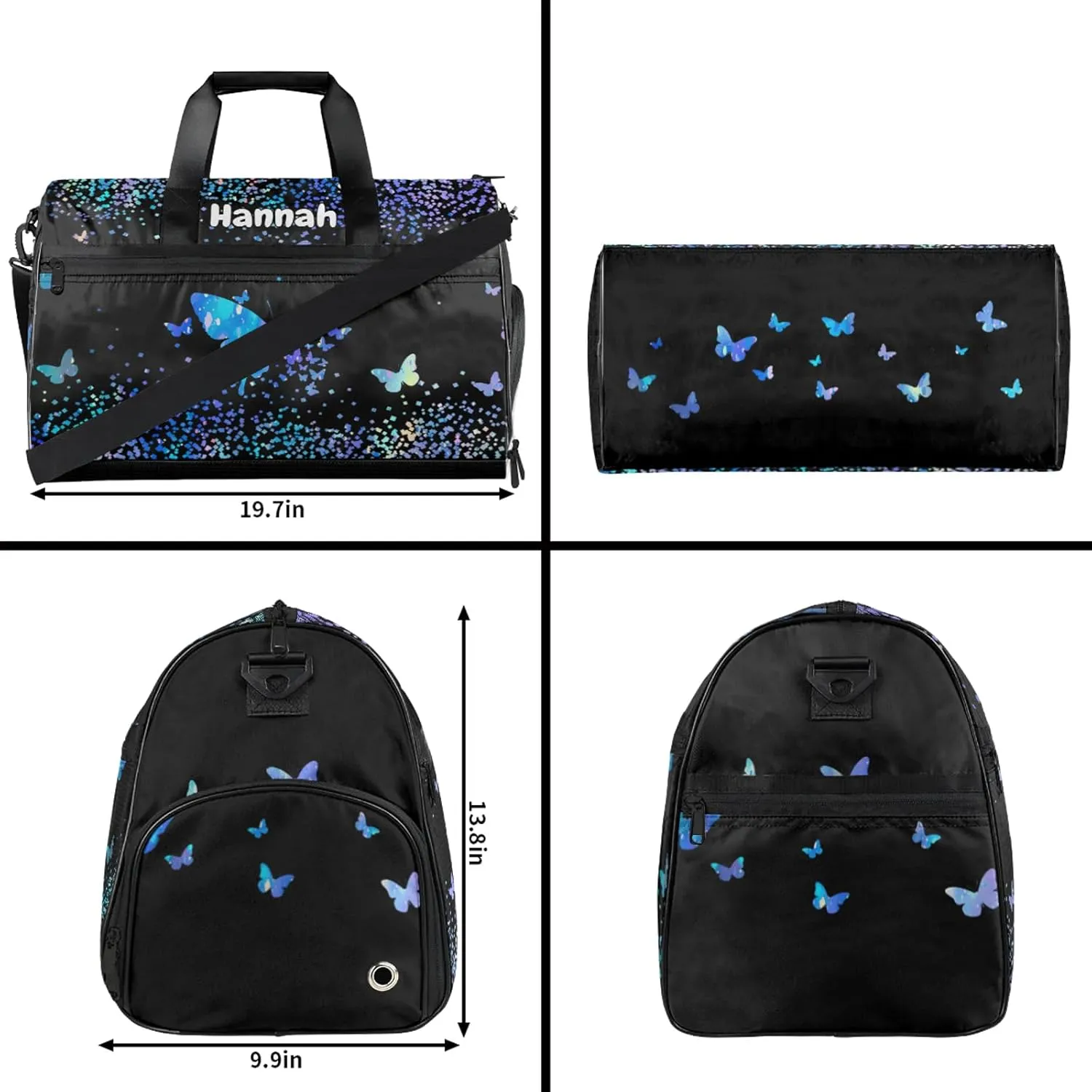 Personalized Duffel Bag with Name Butterfly Custom Travel Sports Bag with Shoes Compartment for Women Men Waterproof Dance Ballet Bag Lightweight, Blue