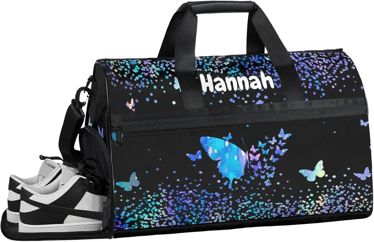 Personalized Duffel Bag with Name Butterfly Custom Travel Sports Bag with Shoes Compartment for Women Men Waterproof Dance Ballet Bag Lightweight, Blue