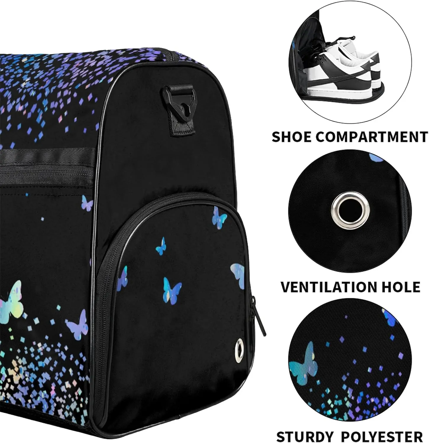 Personalized Duffel Bag with Name Butterfly Custom Travel Sports Bag with Shoes Compartment for Women Men Waterproof Dance Ballet Bag Lightweight, Blue