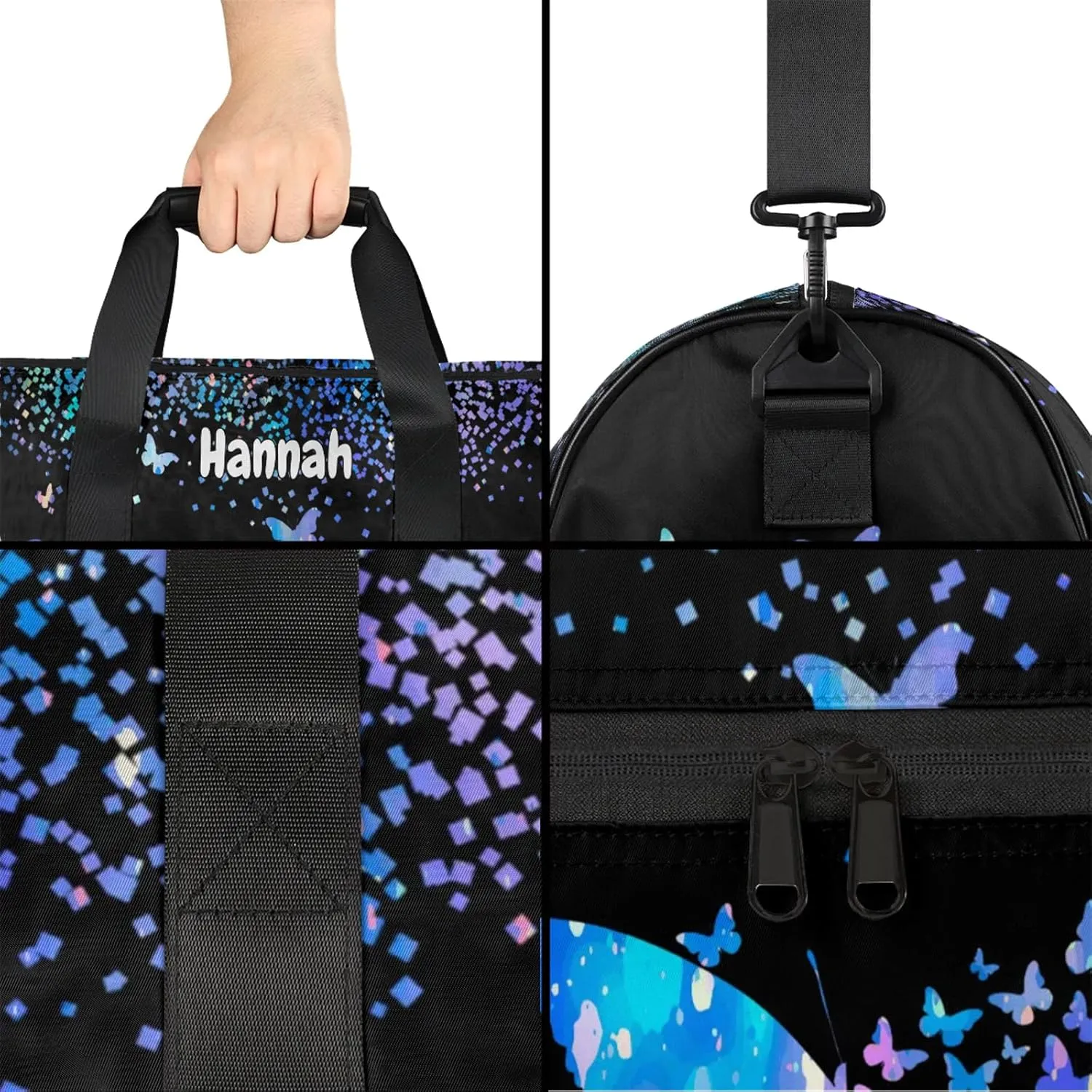 Personalized Duffel Bag with Name Butterfly Custom Travel Sports Bag with Shoes Compartment for Women Men Waterproof Dance Ballet Bag Lightweight, Blue