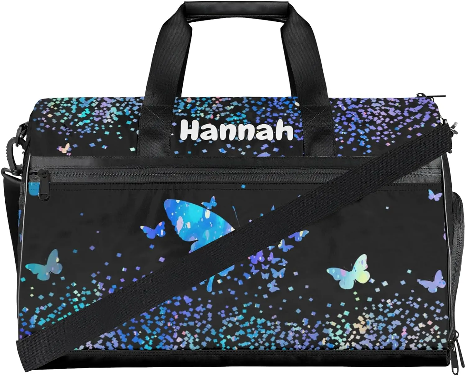 Personalized Duffel Bag with Name Butterfly Custom Travel Sports Bag with Shoes Compartment for Women Men Waterproof Dance Ballet Bag Lightweight, Blue