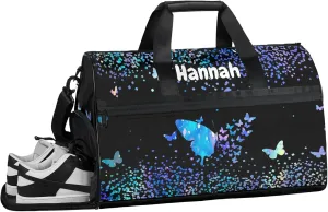 Personalized Duffel Bag with Name Butterfly Custom Travel Sports Bag with Shoes Compartment for Women Men Waterproof Dance Ballet Bag Lightweight, Blue
