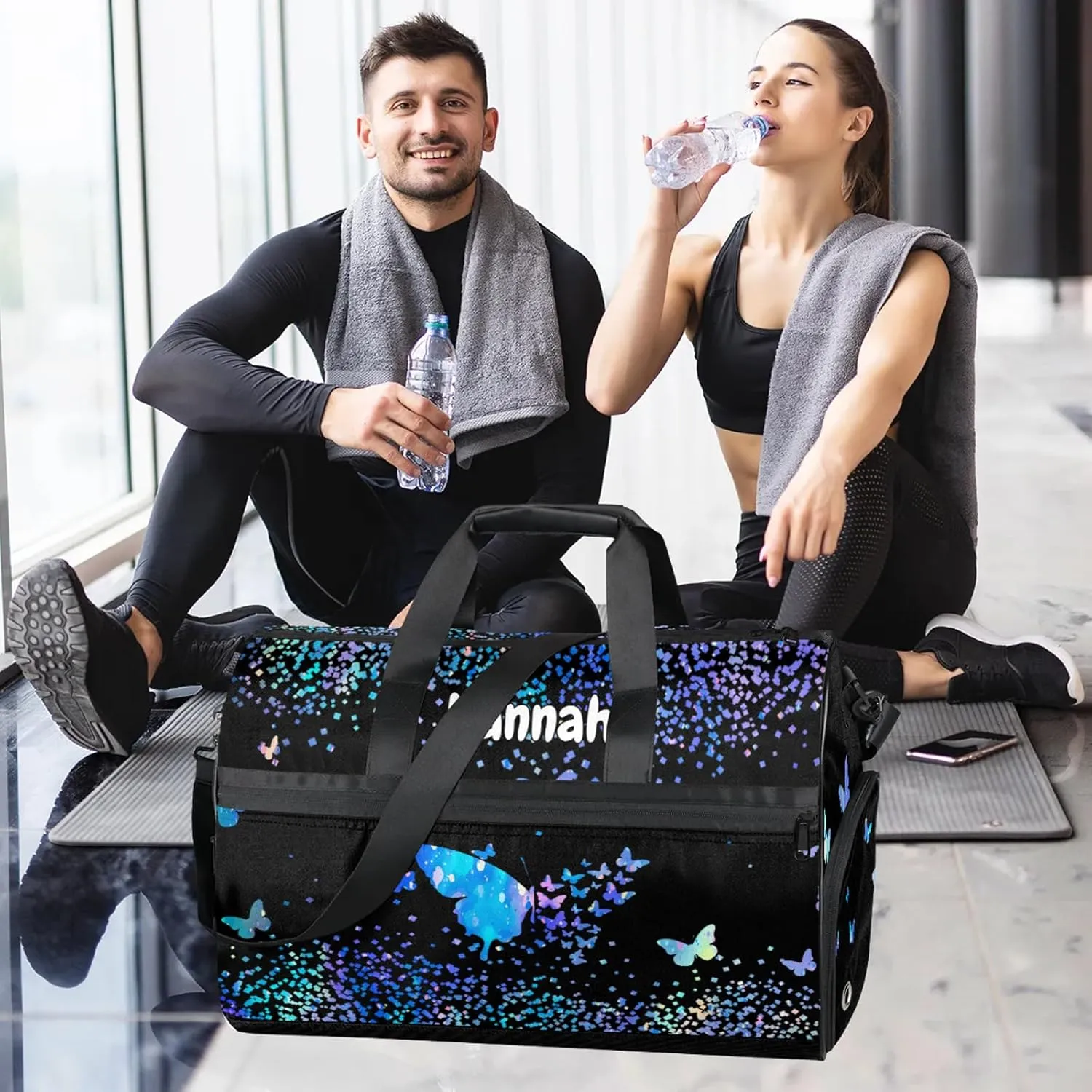 Personalized Duffel Bag with Name Butterfly Custom Travel Sports Bag with Shoes Compartment for Women Men Waterproof Dance Ballet Bag Lightweight, Blue
