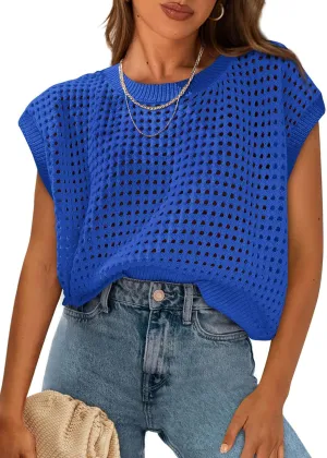 PRETTYGARDEN Womens Spring Tops 2025 Summer Shirts Crochet Cap Sleeve Sweater Pullover Cute Beach Vacation Clothes