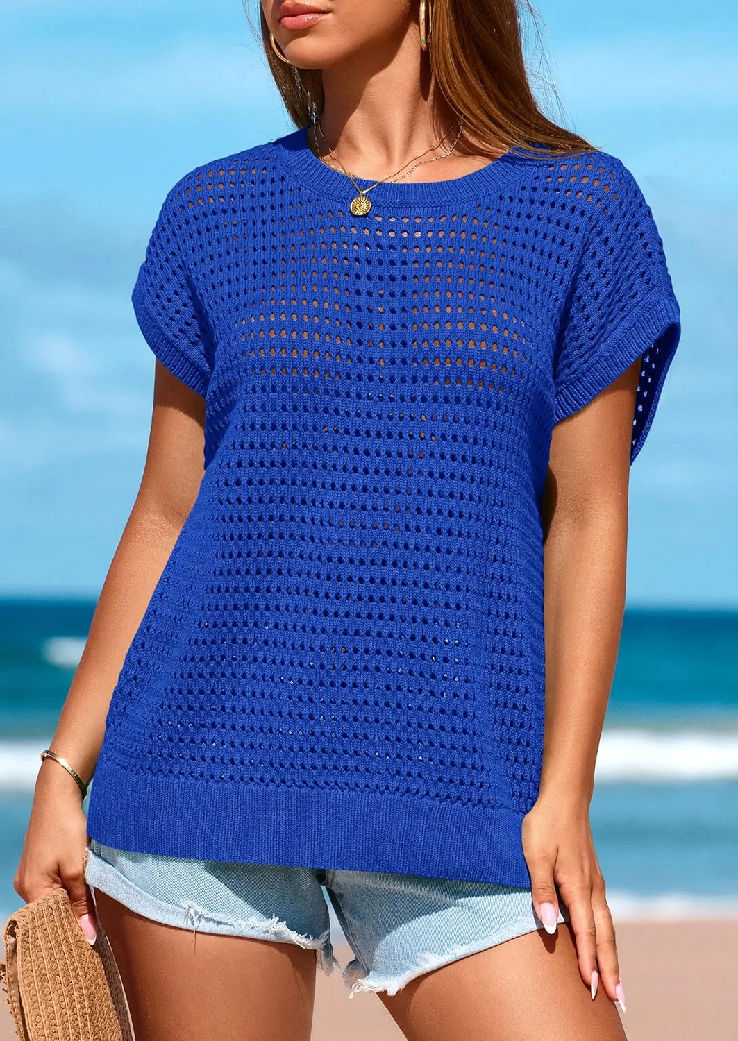 PRETTYGARDEN Womens Spring Tops 2025 Summer Shirts Crochet Cap Sleeve Sweater Pullover Cute Beach Vacation Clothes